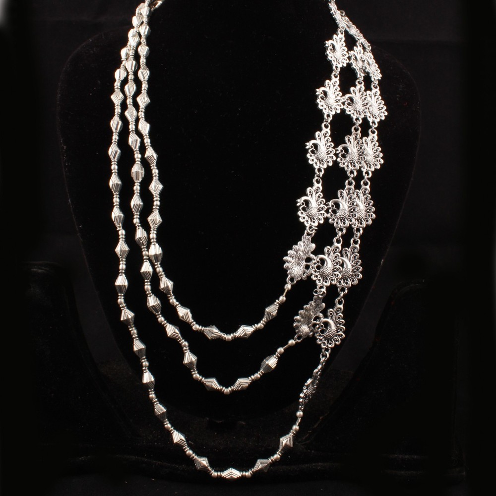 Oxidized Silver Plated Tribal Layered Necklace, Boho Statement Bib Necklace