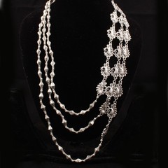 Oxidized Silver Plated Tribal Layered Necklace, Boho Statement Bib Necklace