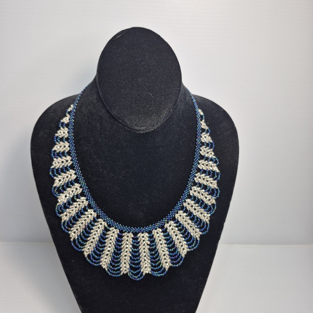 Artisan 18″ Scallop Iridescent Blue Silver Glass Seed Bead Collar Bib Necklace
