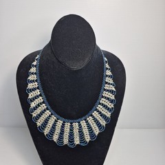 Artisan 18″ Scallop Iridescent Blue Silver Glass Seed Bead Collar Bib Necklace