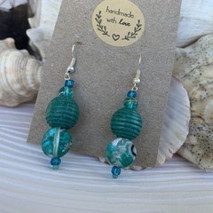 Boho style Teal Earrings Handcrafted Glass Wood Acrylic Sterling Silver