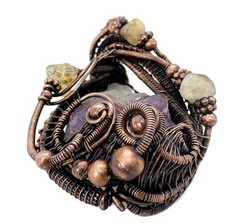 Amethyst Crystal Wire Wrapped Necklace in Bronze with Citrine Nuggets