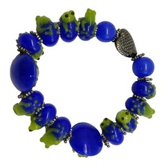Lampwork Glass Cobalt Blue Beads Elastic Bracelet Green Frogs