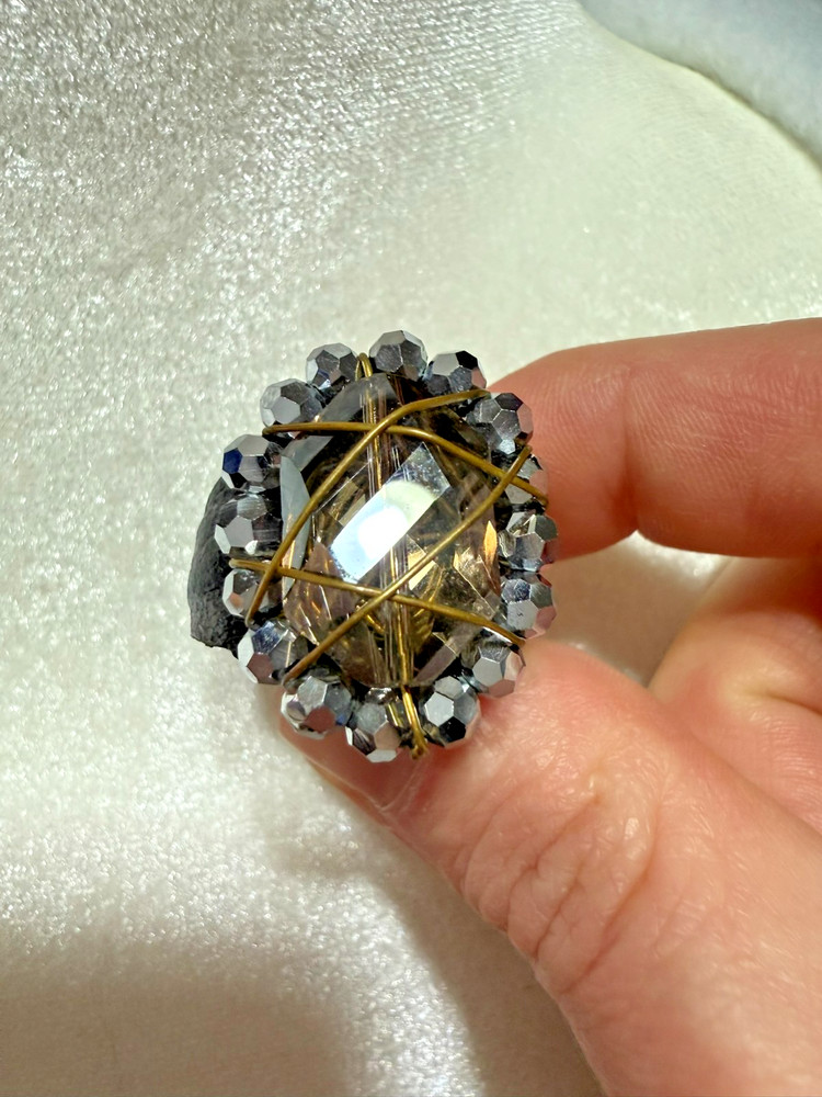 Handmade Leather Statement Ring w/ Large Faceted Crystal & Metallic Beads Boho