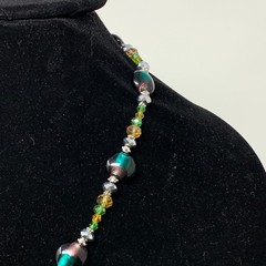 Handmade Artisan Beaded Pendant Necklace Multicolor Silver Tone Metal Toggle