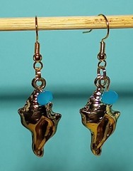 Seashell earrings with blue glass faceted bead gold metal beach summer handcraft