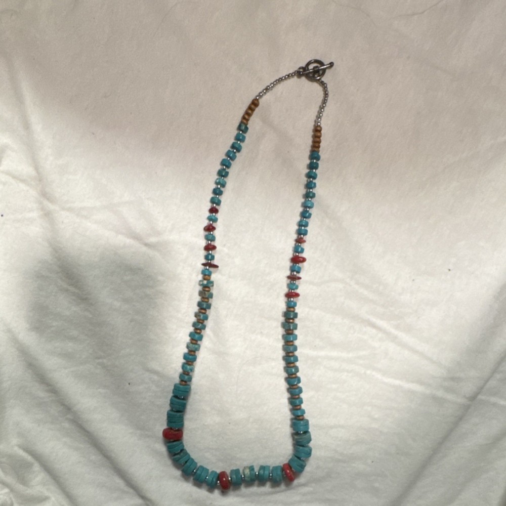 Turquoise and Coral Beaded Necklace, Stone Disc, Toggle Clasp, Unisex, Red Brown
