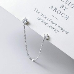4 Prong CZ Round Stud With Chain Cuff S925 Sterling Silver Earrings for Women…