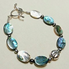 ABALONE PAUA, FRESHWATER PEARL, BUDDHA STERLING SILVER TOGGLE BRACELET