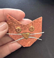 Darling & Unique Artisan Copper Cat Face w/Brass Whiskers Brooch Pin