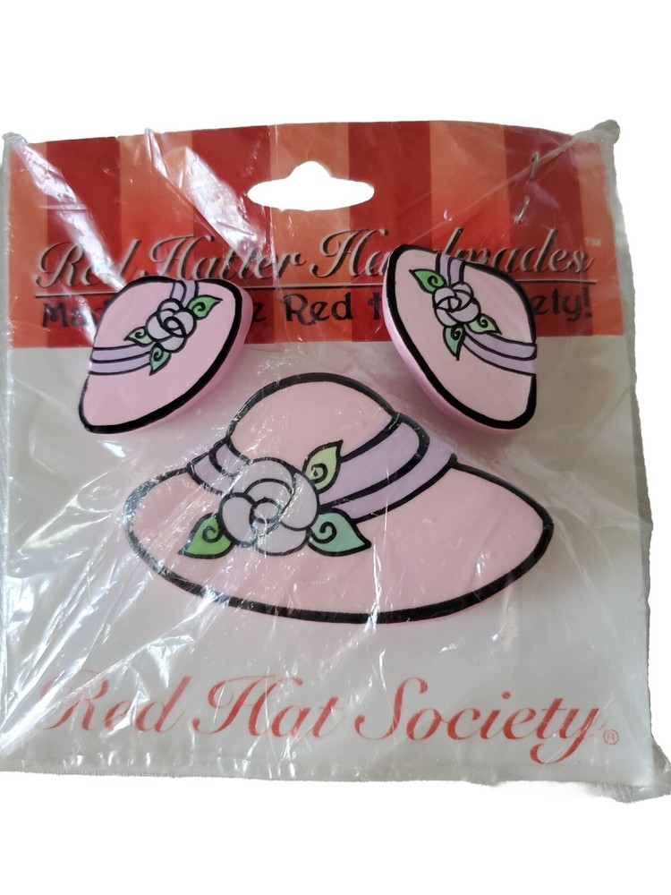 Pink Hat Society Earrings & Pin Set Vintage 2003 Red Hatter Handmades RPP3