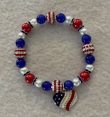 Red White &Blue Glass/Pave Rhinestone 4th of July Patriotic Heart Charm Bracelet