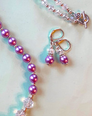 FACETED CRYSTAL LAVENDER glass pearl SP necklace set LEVERBACK