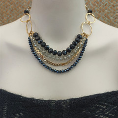 Layered Bib Necklace Gold Tone Black Gray Crystal Israeli Artisan Statement 90s