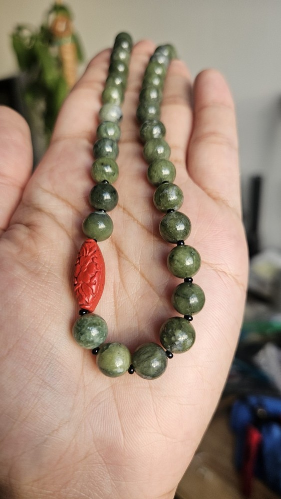 Nephrite Jade Assymetrical Carved Red Resin Necklace