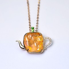 Teapot Mexican Fire Opal & Diamond, Tsavorite Pendant Necklace 18K Yellow Gold