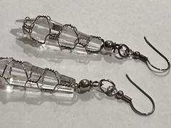 Wire-wrapped Clear Quartz Crystal Point Dangle Earrings Silver-toned Ear