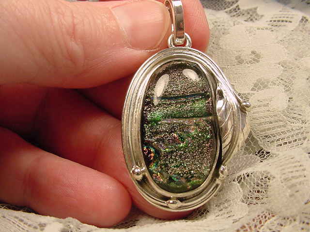 (#D-247) DICHROIC Fused GLASS SILVER Pendant YELLOW GREEN PURPLE