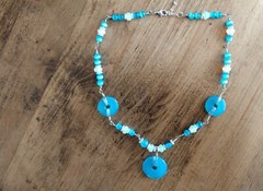 Aqua Beaded Necklace Hand Wrapped Wire Blue and White Beads Handmade Jewelry