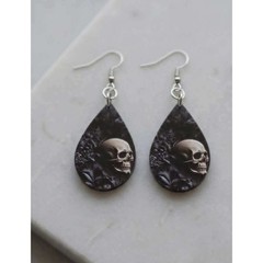 Handmade Earrings Black Goth Skull Teardrop Silver Tone Dangle Drop