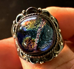 Iridescent Dichroic Glass Ring Set in 925 Sterling Silver, sz 9.25 Statement