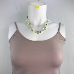 Handmade Necklace Clear Crystal, Neon Green Quartz Round Beads with Gray Pearls