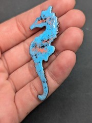 Vintage Copper Enamel Blue Seahorse Ocean Sea Animal Beach Figural Pin Brooch