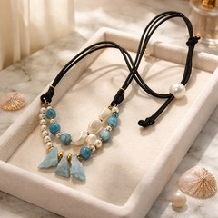 Necklace Freeform Larimar Stones Baroque Pearls Layers Adjustable Cord Handmade