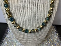 Handmade Blue Clear Gold Crackle Glass & Metal Bead Necklace 18k GP Earrings Z