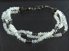 Artisan Sterling Silver Triple Rainbow Moonstone Strand Bracelet Hook Clasp 925