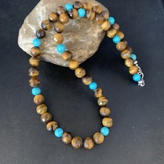 Navajo Blue Turquoise Brown Tigers Eye Sterling Silver Necklace 20″ 13895