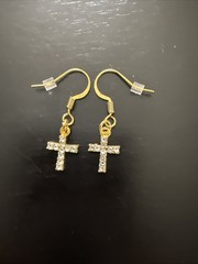 Nickel Free 18k Gold-Pl Shepherd Hook Clear Rhinestone Cross Earrings W/stoppers