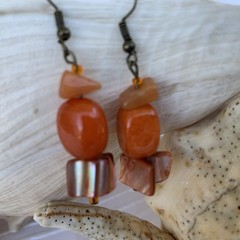 Drop Earrings Orange Tones Handcrafted Mixed Beads and Shell Materials Boho Chic