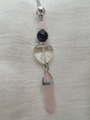 Genuine ROSE QUARTZ DT Crystal & Amethyst Beads CLEAR QUARTZ HEART Pendant Wicca