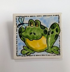 Brooch Pin Frog Butterfly Handmade Ceramic Tile 1.5″ Diameter Vintage