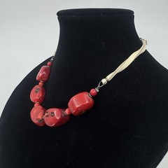 Barse Sterling Silver Chunky Red Bamboo Coral Leather Cord Necklace 18”