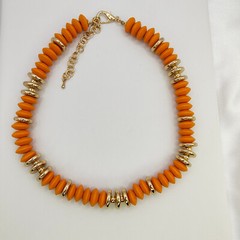 Boho Wood Disc Bead Statement Necklace Set of 2 Orange Turquoise Color Gold Tone