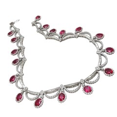 Round Brilliant Cut Lab Diamonds Ruby Wedding Necklace in 925 Fine Silver