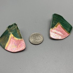 Vintage 80’s Green Pink gold Large Abstract Clay Earrings Handmade Statement