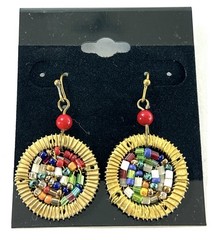 Vintage Boho Wire Wrapped Beaded Hoop Earrings Multicolor Glass Artisan