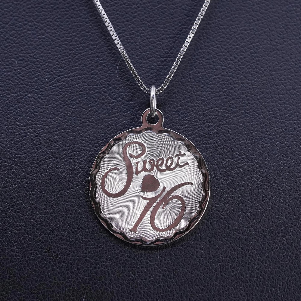 16” sterling silver 925 box necklace with tag pendant embossed “sweet 16”