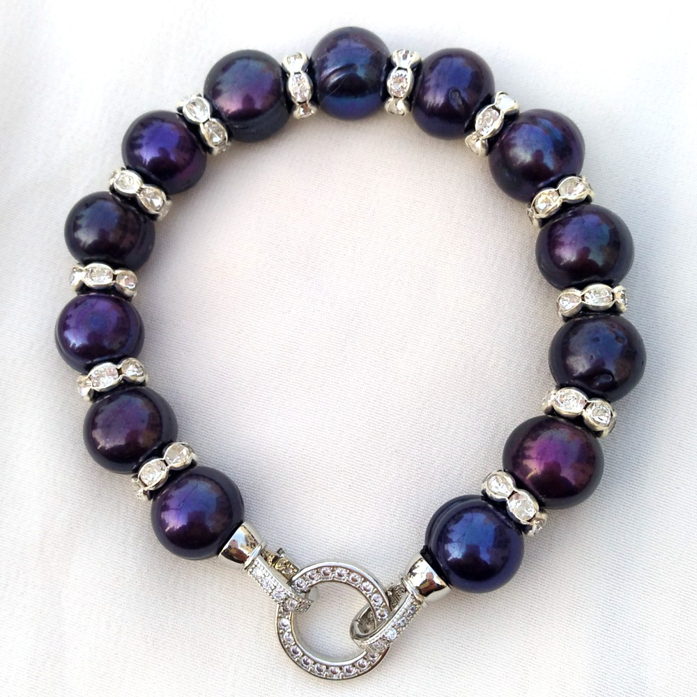 19cm Black Pearl Bracelet Crystal Zircon Spacers Silver-Tone Clasp Red Gift Box