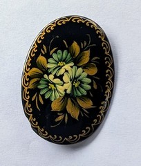 4 Lacquer Russian Pins Brooch Handmade Signed Painted Floral Flowers