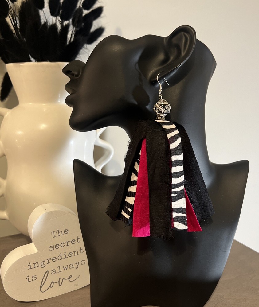 Handmade Zebra Print, Black And Hot Pink Frayed Sari Silk Tassel Earrings