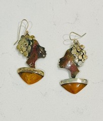 Artisan Sculptural Face Earrings Mixed Metal Silver & Copper with Amber Drop