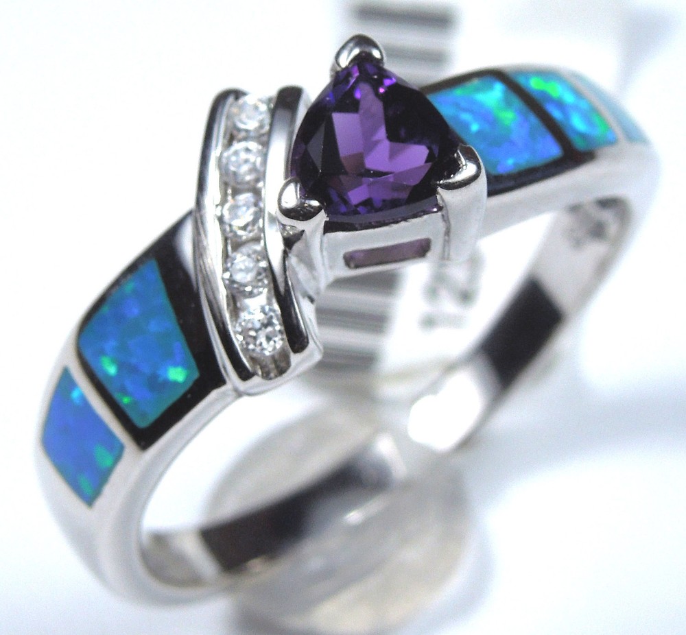 Amethyst and Blue Fire Opal Inlay Solid 925 Sterling Silver Ring size 6,7,8,9