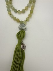 108 Green Lime Jade Beaded Tassel Male Necklace W/ Feng Shui Stone & Lotus Charm