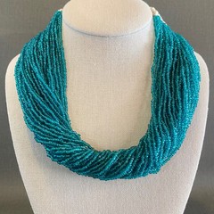 Vintage 1984 India Coin Teal Glass Seed Bead Multi Strand Crochet Necklace 21″