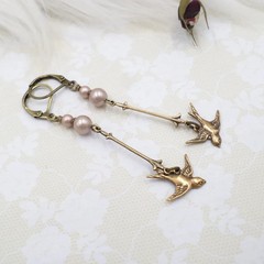 Handmade Antique Brass Small Bird Earrings, Champagne Pearl Cottagecore Jewelry