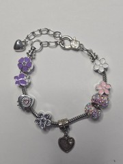 CHARM BRACELET – Pink Purple White European Bead Adj Silver-Tone 7″ w Heart char